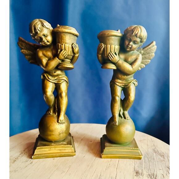 Golden Cherub Vintage Candle Holders , Set of Angel Candleholders - Picture 1 of 10